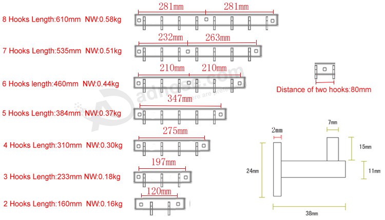 Stainless steel hooks size